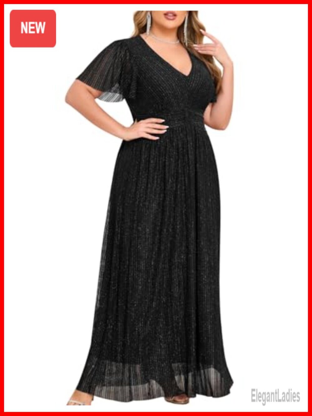 ZOMVA Plus Size Maxi Formal Dress Sparkly V-Neck A-Line Ruffle Sleeves Evening